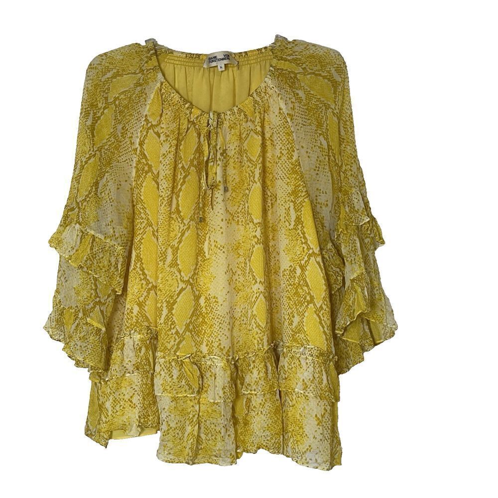 DIANVE VON FURSTENBERG DVF yellow python chiffon silk flowy blouse top XL